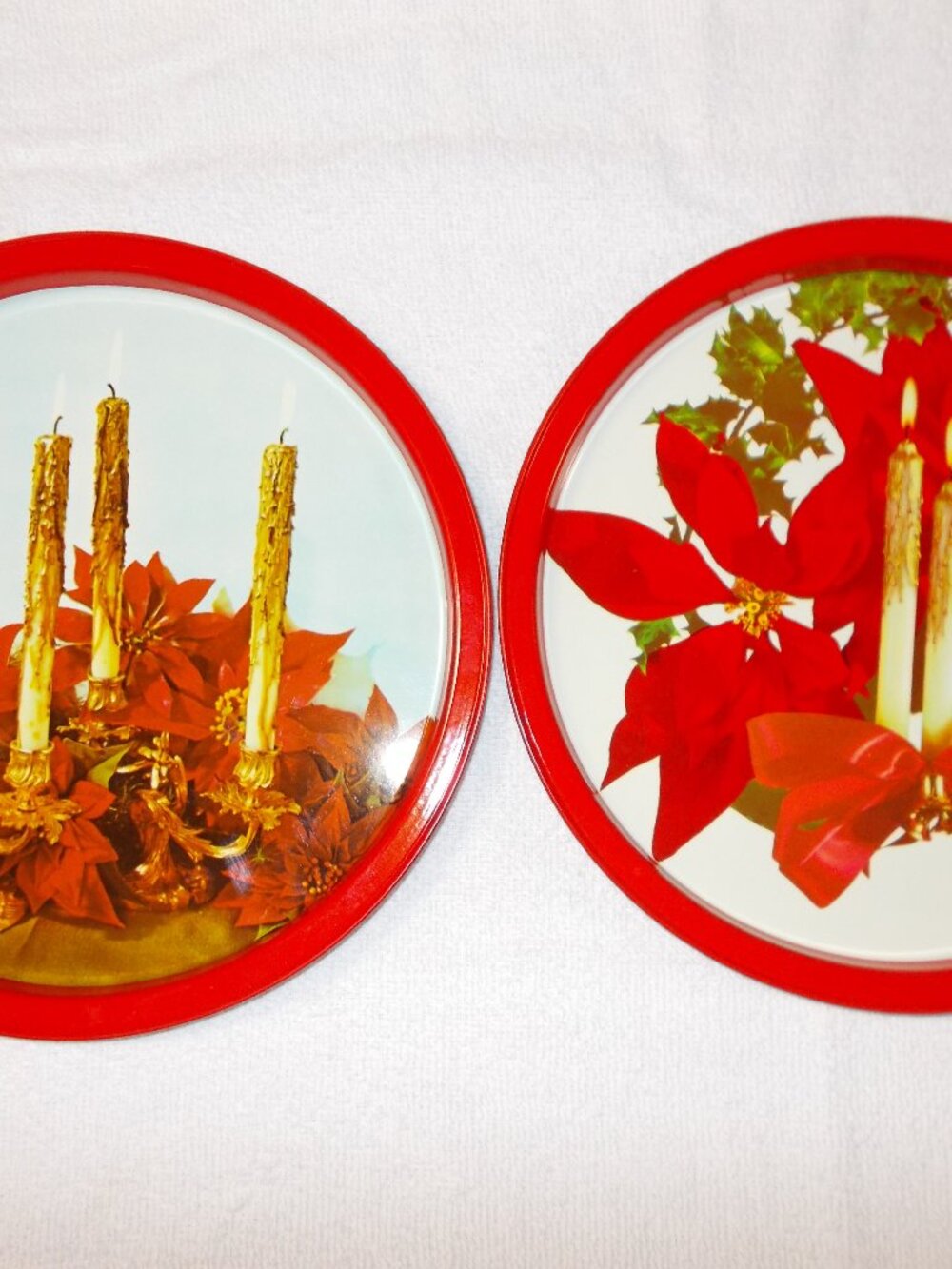 Vintage Christmas metal serving trays with poinsettias and candles